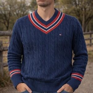 Tommy Hilfiger Cable Knit Varsity V Neck Tennis Sweater Men's M Blue Red Preppy